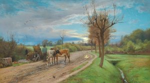 En bonde taler med en vejmand i fuldmanens skaer by Oil Painting