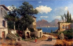 An Italian Village by a Lake by Oil Painting