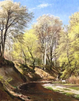Deer at the Bend of the River by Carl Frederic Aagaard - Hand-Painted Oil Painting Reproduction