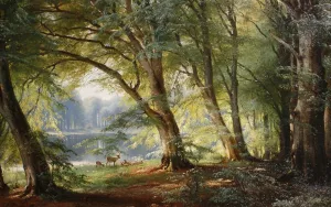 Deer Beside a Lake also known as The Deer Park by Carl Frederic Aagaard - Hand-Painted Oil Painting Reproduction